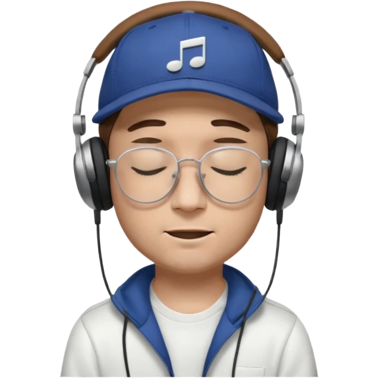 dj man white with baseball cap - rayban glasses - brown hair - closed eyes with headphones on with musical note over head (listening to music ) - eyes closed no glasses  emoji