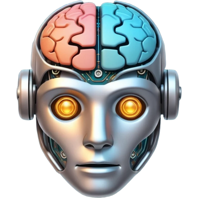 robot head with digital circuits and abstract brain elements, representing a large language model emoji