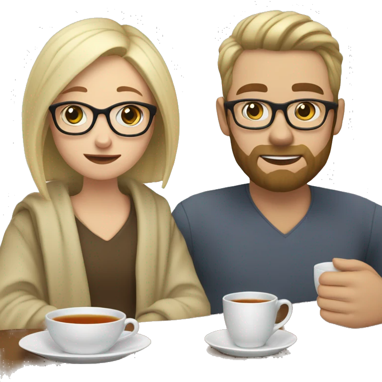 Pale blonde girl wearing glasses and short brown haired bearded man drinking tea under blanket emoji
