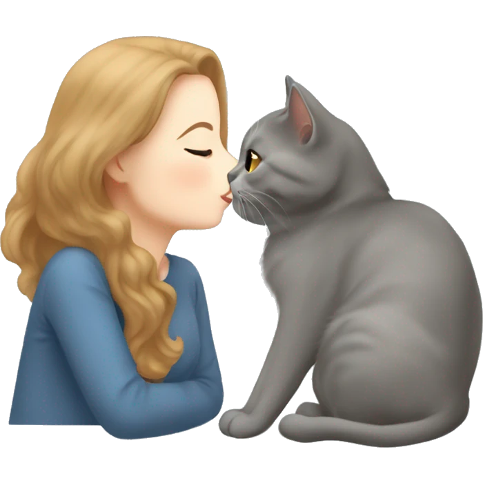 small British shorthair grey cat kissing brown long hair white woman emoji
