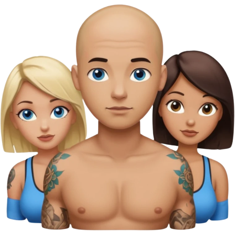tattooed covered bald male with blonde haired blue eyed big boob female with brunette haired brown eyed big boob female throuple  emoji