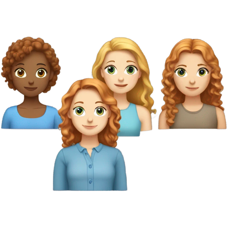 Girl with straight ginger hair and blue eyes, girl with a little curly brown hair and brown eyes and a girl with straight blond hair and blue eyes emoji