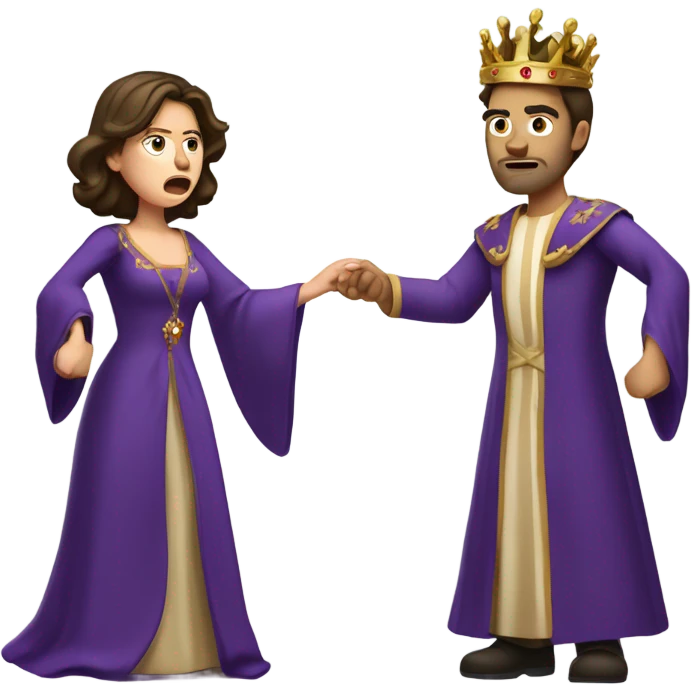 Caucasian long brunette woman wearing formal royal purple robes and a crown whose face shows anger and disgust to the man she adores  emoji