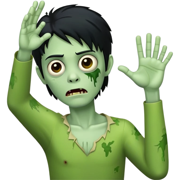 green zombie with one hand raised in the air and black hair emoji