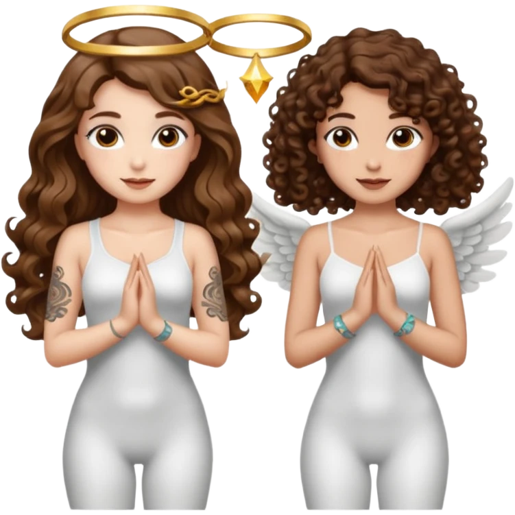 fake angel pose — long wavy brown hair tattooed woman and short tight curly brown hair woman — halo sparkle emoji