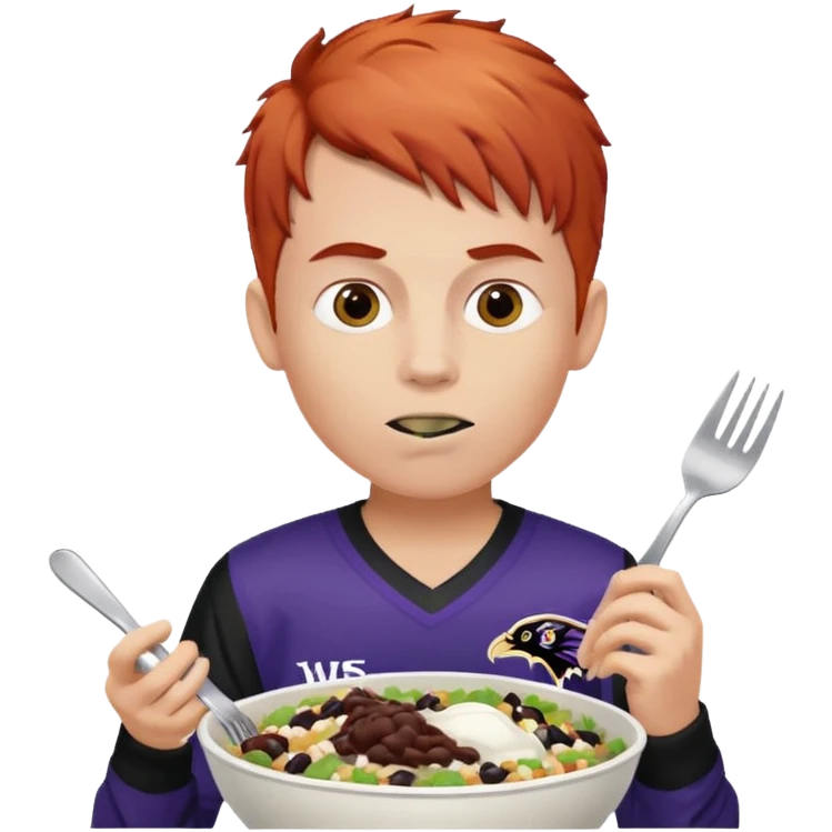 a red-haired boy wearing a ravens jersey and eating a chipotle burrito bowl emoji