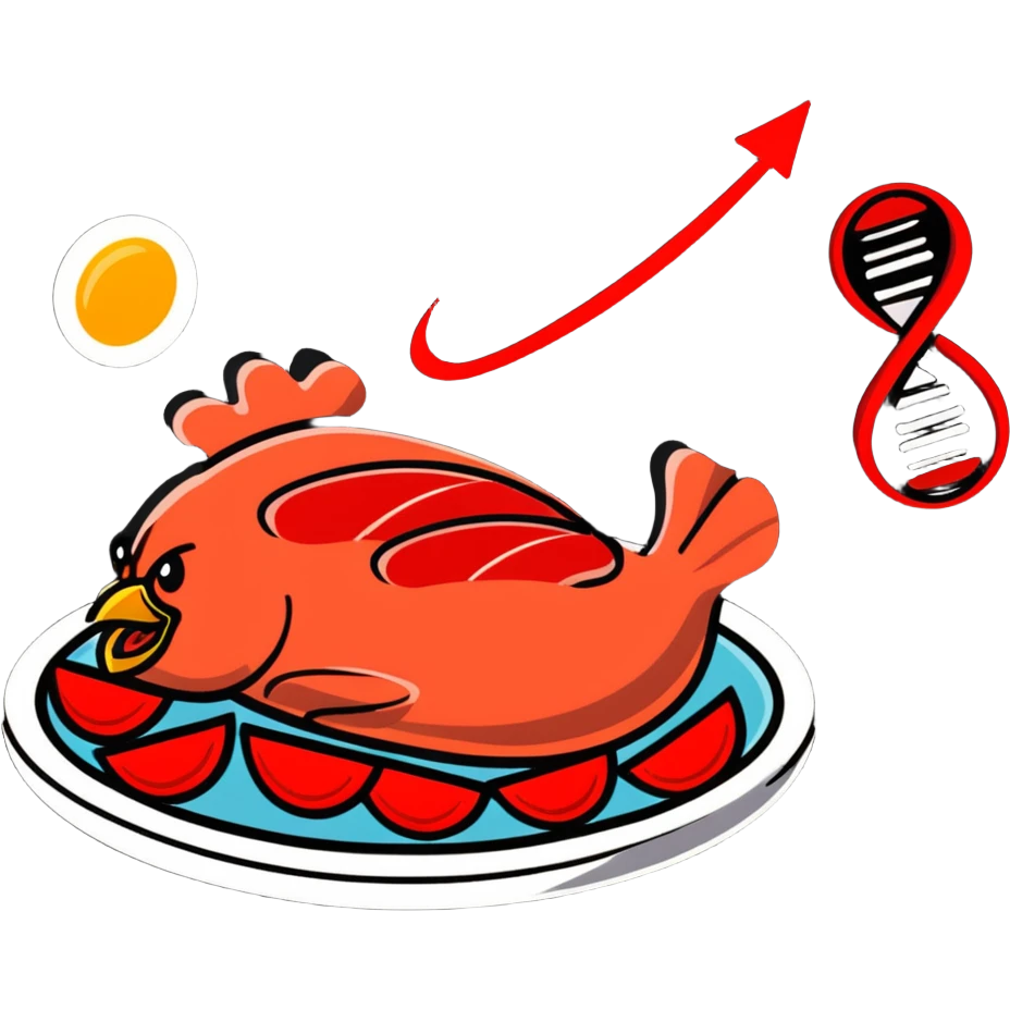 Cute sticker of a floating plate with a large chicken breast as the main focus, a red meat steak, smaller salmon fillet, and tiny egg, orbiting a DNA symbol, with energy flowing to a strong muscular cartoon figure emoji