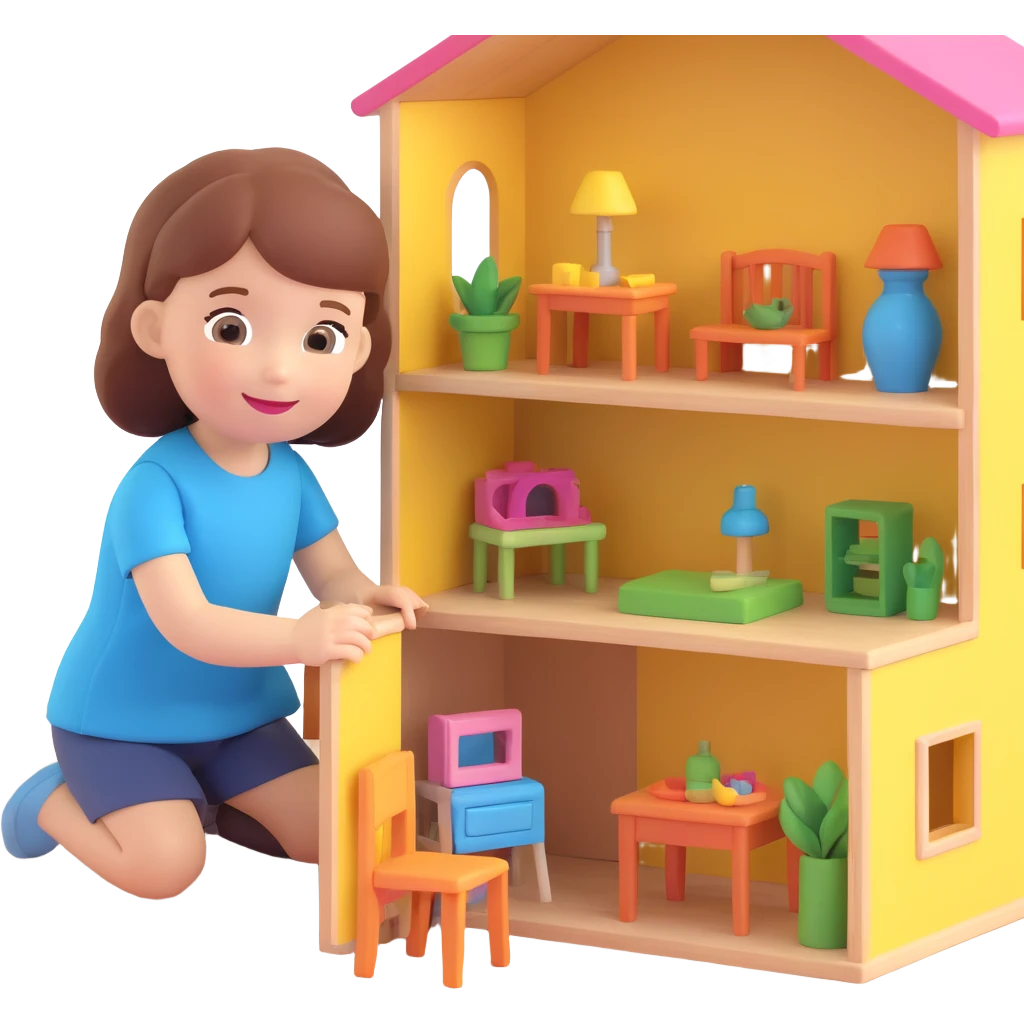 smiling girl arranging furniture in doll house emoji