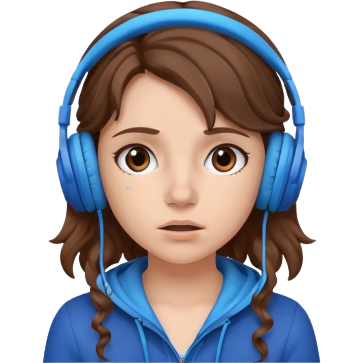 An upset girl with wavy hair listening to music with blue headphones emoji