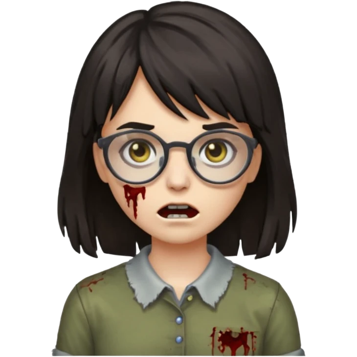  iPhone emoji is a zombie girl with dark hair long below her shoulders bangs and a ragged haircut gray eyes glasses  emoji