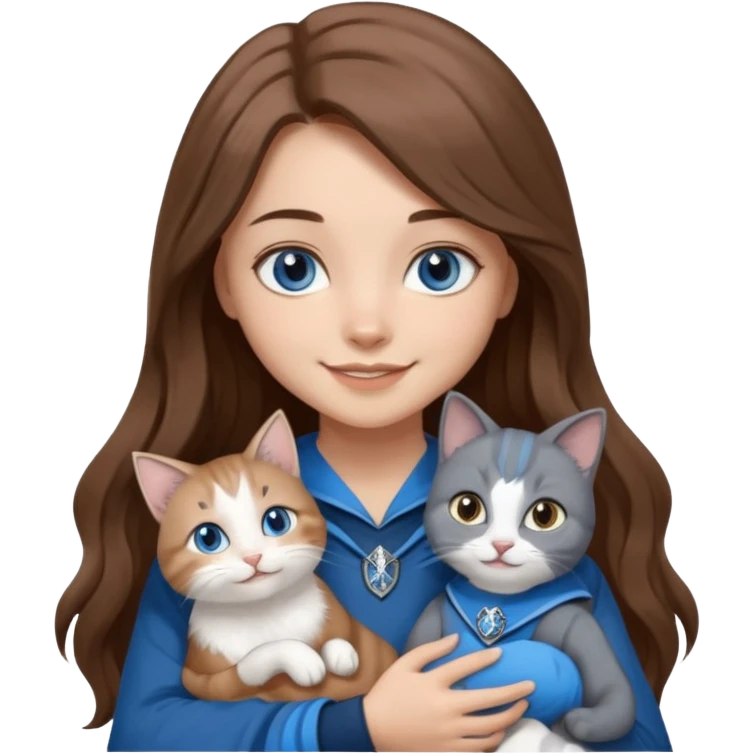 gorgeous Girl with light skin, blue eyes, long brown hair, wears a ravenclaw outfit, with a grey and white cat holding in her arms emoji