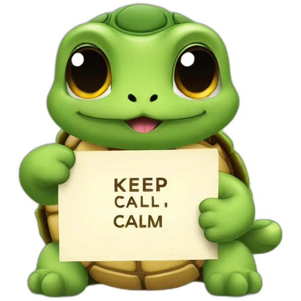 A cute little tourtoise with a card saying ”keep calm” emoji