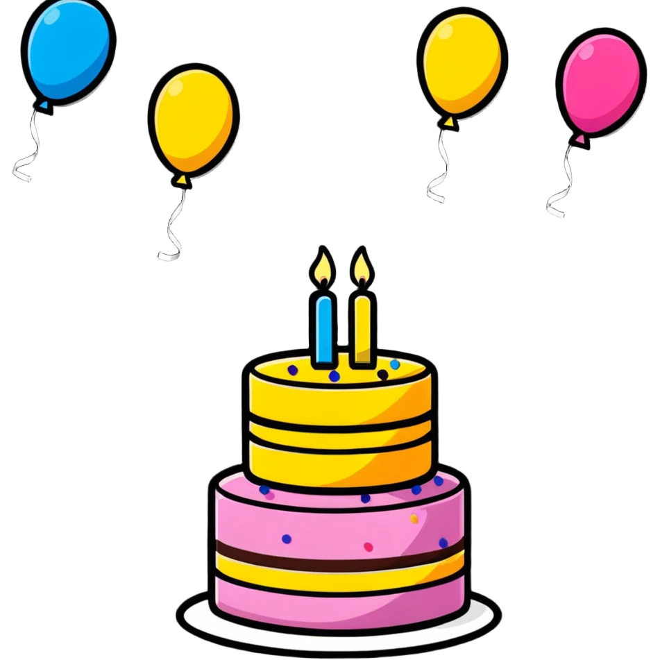 festive party celebration with balloons, confetti and cake emoji