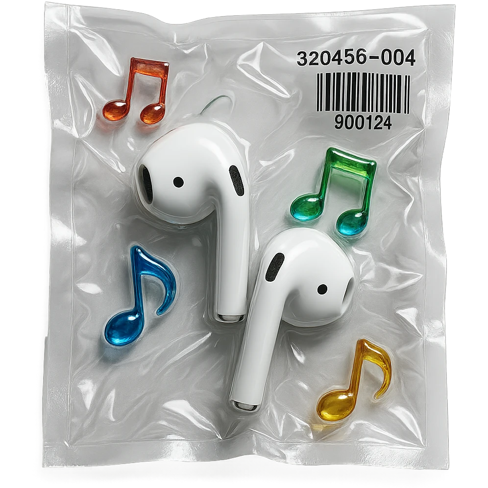 white EarPods headphones with three small rainbow glass music notes arranged around, glossy emoji