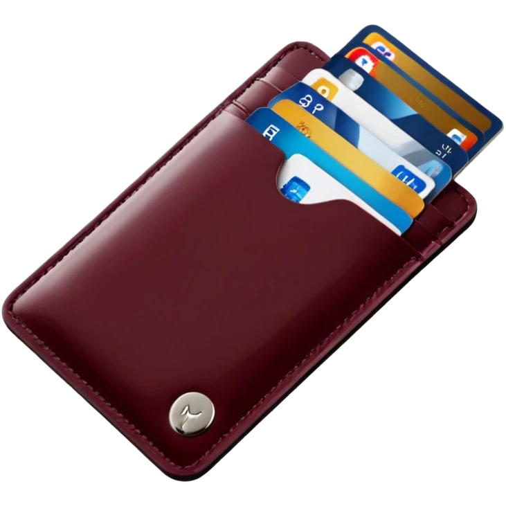 A professional studio photograph of a high-quality, slim leather card holder. The card holder is in [deep Burgundy color with a high-gloss patent enamel finish, reflecting light like a jewel .It features precise stitching and minimalist, elegant metal hardware emoji