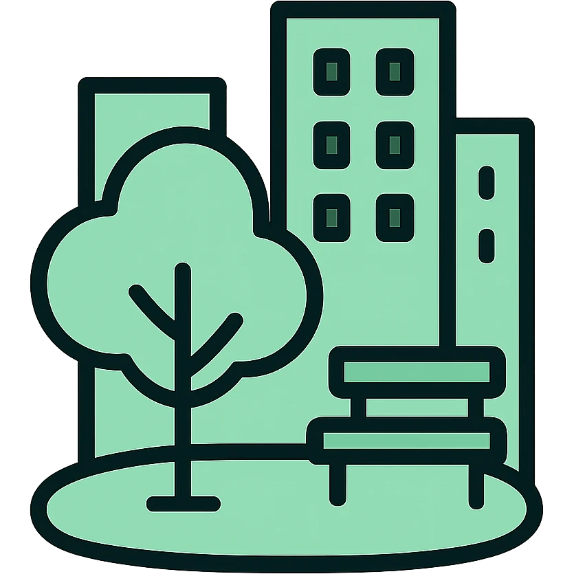 Skeuomorphic urban green space icon with mint green #B5F4D3 and black #111111 color scheme, showing park within city boundaries, clean symmetric design with subtle depth and soft light emoji
