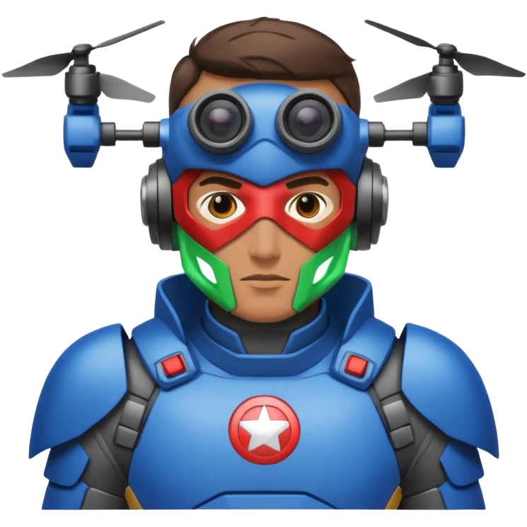 Un photographe homme high tech, une armure de terrain à la super héro. Il a des appareils photos, des caméras embarquées et un drone  emoji