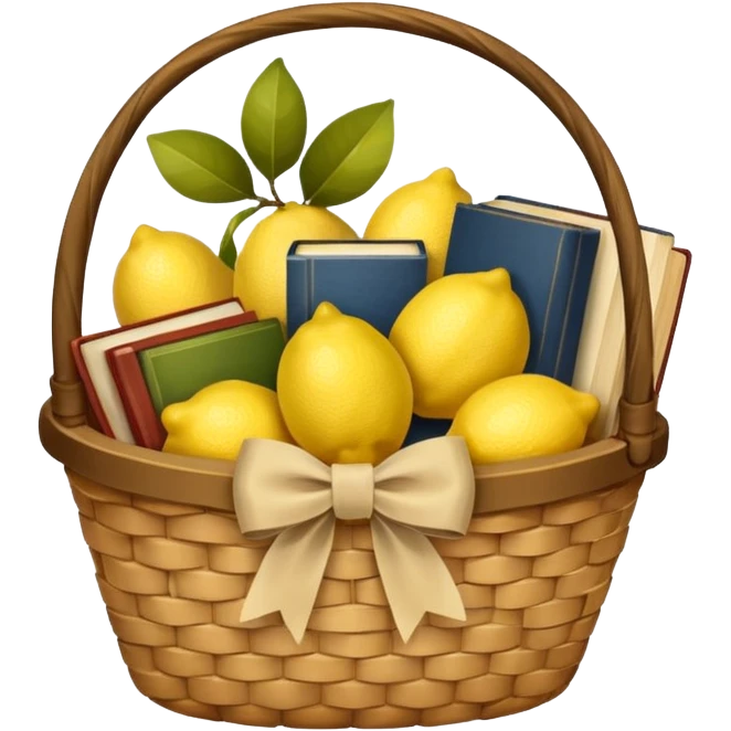 Basket with a beige bow and books and lemons emoji
