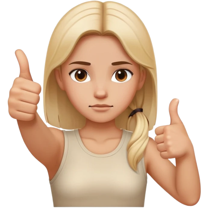 Girl with one hand clearly showing thumbs up gesture and other hand clearly showing thumbs down gesture, distinct opposing hand signals, mixed feelings facial expression emoji