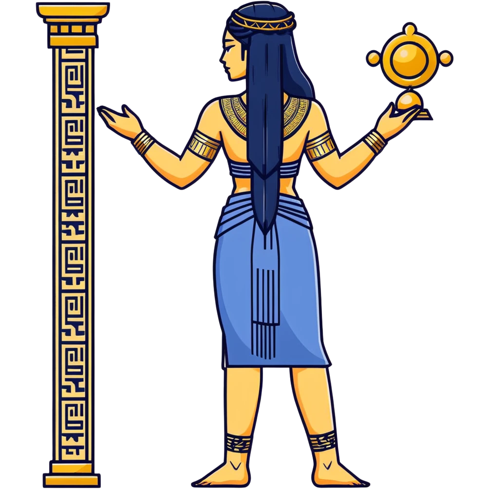 fullbody back view of Anunnaki goddess Inanna with braided long black hair, Ishtar gate symbols, completely exposed back with subtle Mesopotamian tattoos, and intricate gold jewelry on wrists and ankles emoji