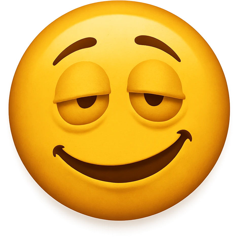 yellow face with sleepy drunk eyes and a tilted smile, drunk expression emoji