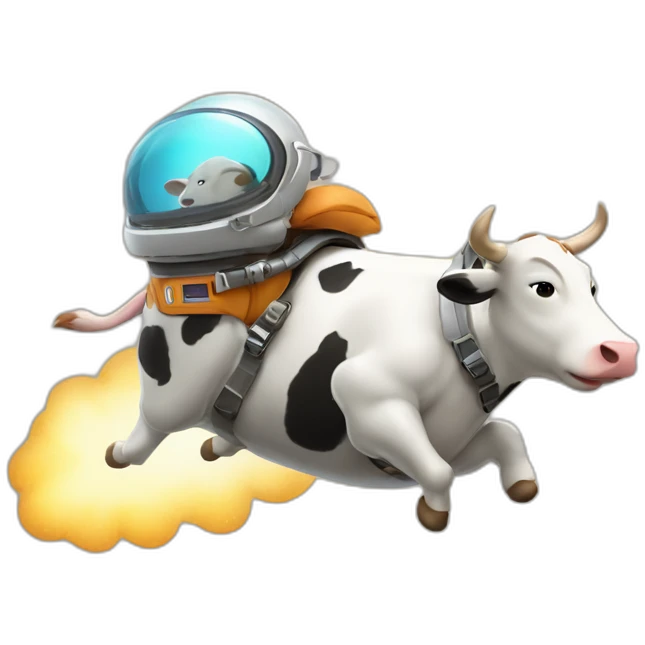 side-on view of cow flying to space while wearing a jetpack with legs being pushed back by the wind emoji