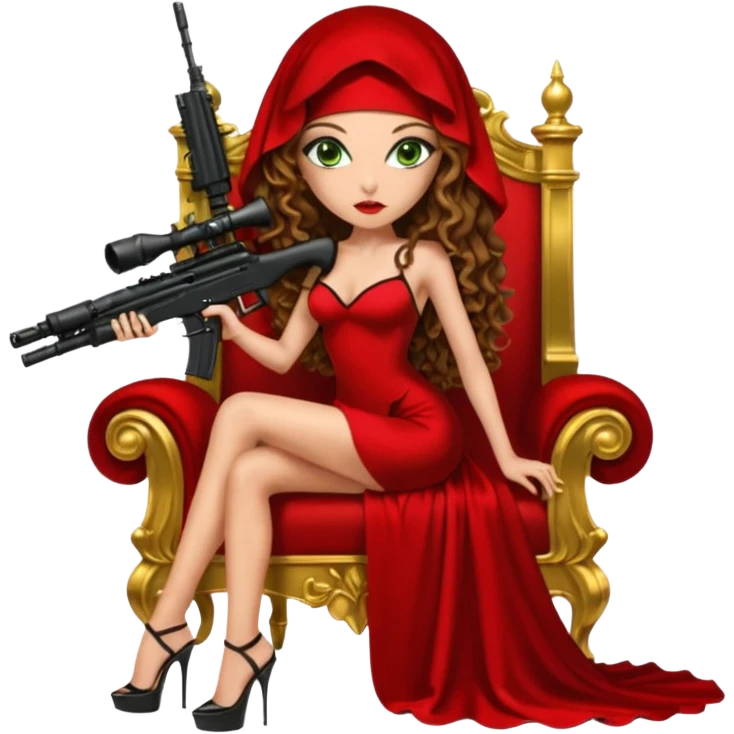 Drug dealer female green eyes symbol.  hair is brown curly long hair. sexy long with long red and black dress and mouth veil cover on that covers her mouth only. black stiletto platform high heels shoes on. Holding sniper rifle sitting on a gold throne. emoji