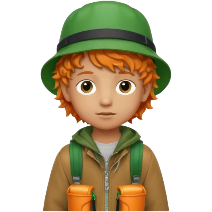 A little boy student curly orange hair, with green bucket hat, brown jacket, backpack emoji