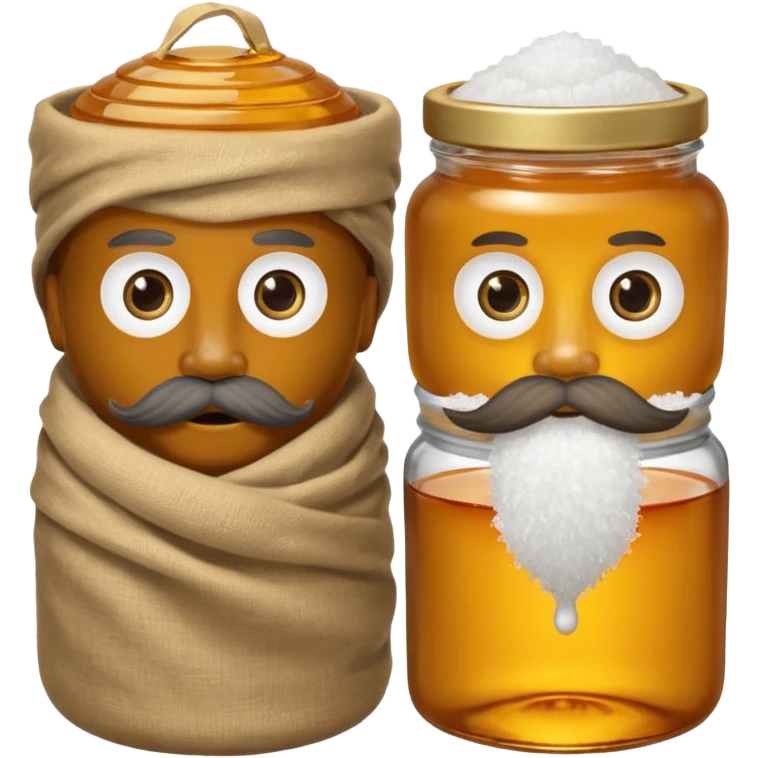 Garama and Madundung are together a gray container of salt and a honey container with a cloth on top. They each have eyes with white in the middle, a mouth, nose, and mustache both customary to their colors. They have hairy legs and emit an aura of salt (Garama), and honey (Madundung). emoji