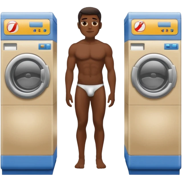 full view of a naked muscular dark skin man in a laundromat with penis  emoji