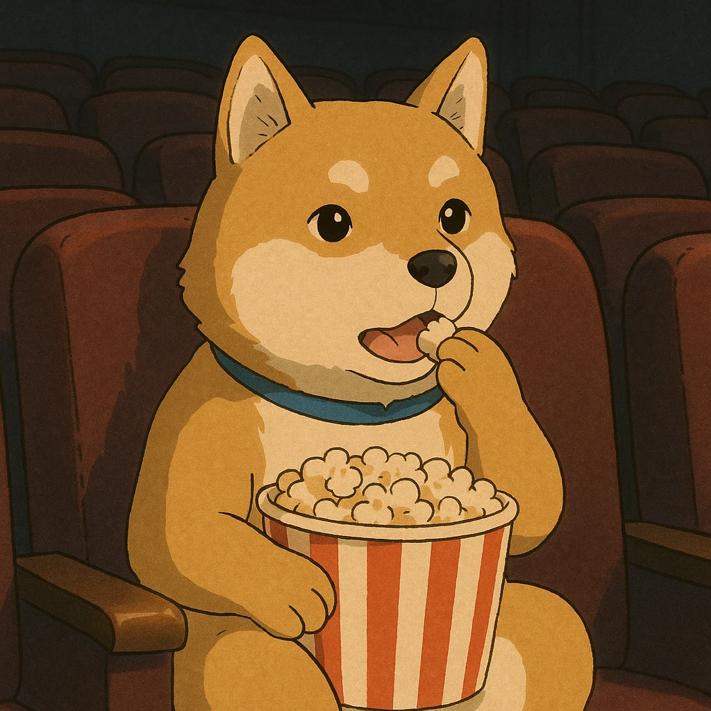 shiba inu eating popcorn at the movie theater emoji
