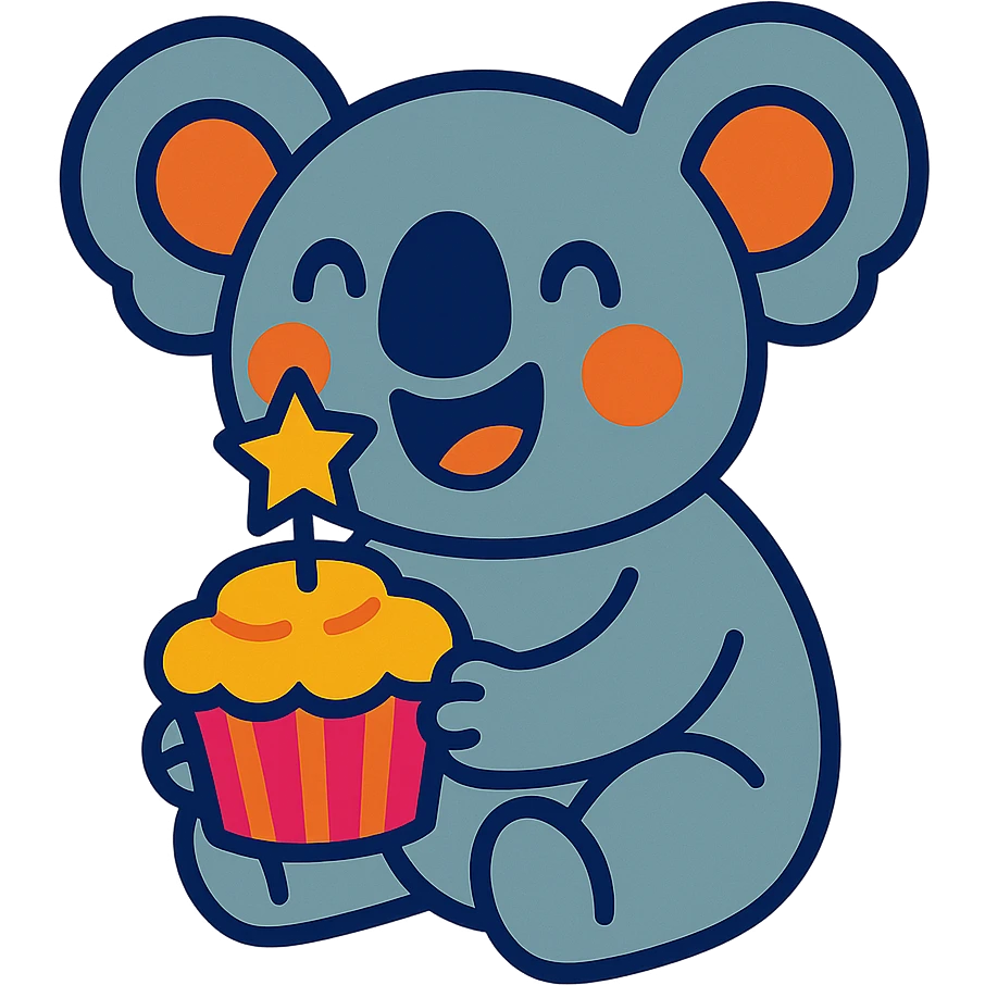 happy koala holding cupcake with 1 star candle in vibrant-toon style emoji
