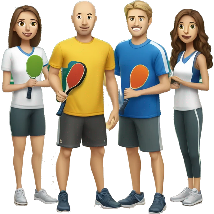 4 Caucasian people playing pickleball with 1 tall bald male, 1 shorter brown hair male, 1 girl with long brown hair, 1 girl  with brown hair emoji