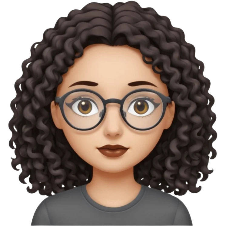 aesthetic white girl with dark brown, long curly hair, she wears a dark grey top and  glasses and her eyes are black emoji