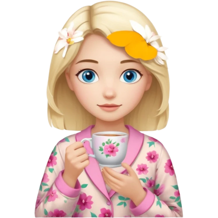 Blue eyed girl with middle length blond hair in floral beige pijamas is holding a pink cup of tea emoji