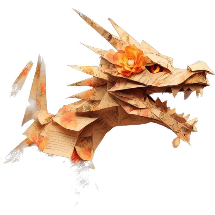 Charred flaming fiery Beige Origami dragon made of newspapers on fire letters on fire burnt paper surrounded by fairy lights swirls covered in dried flowers bokeh floral flowers fire flames emoji