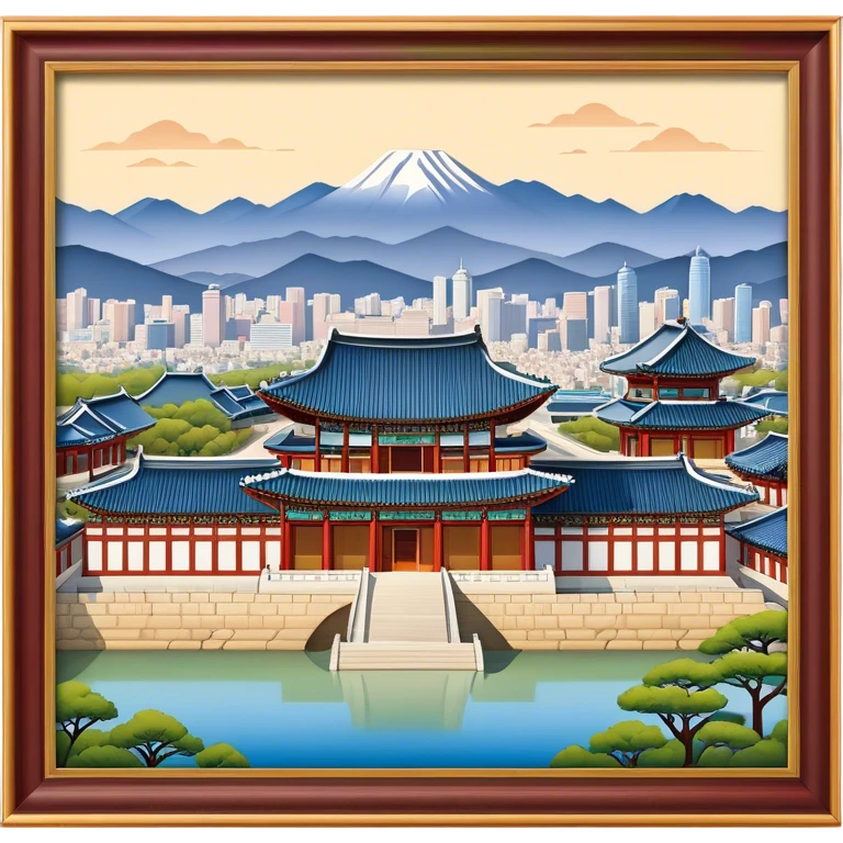 Cinematic Realistic Gyeongbokgung Palace Landmark Emoji, rendered with traditional Korean architecture, ornate wooden carvings, and vibrant colors, set against the backdrop of modern Seoul with soft evening light. emoji