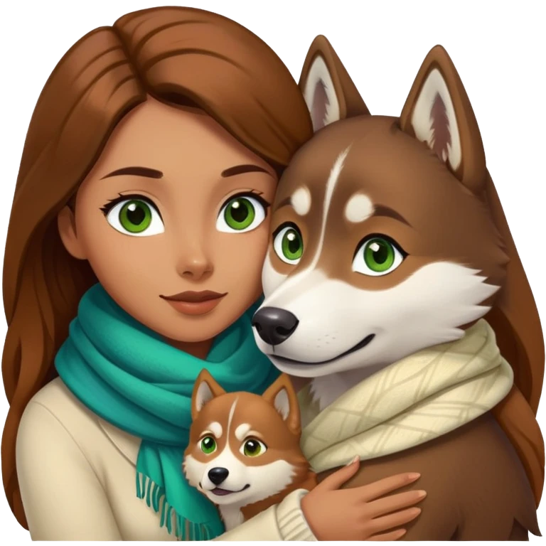 Woman color caramel with brown eyes and brown long hear, hug a Brown husky with eyes green and blue and a cream scarf  emoji