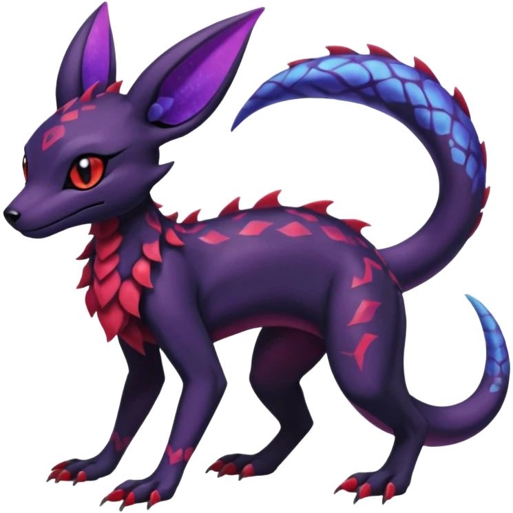 Gothic Black red purple Scaley Exotic Salandit-Umbreon-Suicune-Fakémon-hybrid-creature (full body), 4 legs emoji