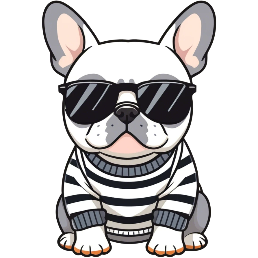 Bulldog francés negro con suéter de rallas blancas y rocas con lentes de sol emoji