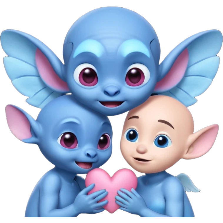 Emoji style: A cute pink alien girl (Angel from Lilo & Stitch) kisses a blue alien boy (Stitch) on the cheek. Stitch looks surprised and his eyes turn into pink hearts. Angel is smiling with eyes closed. 3D emoji style emoji