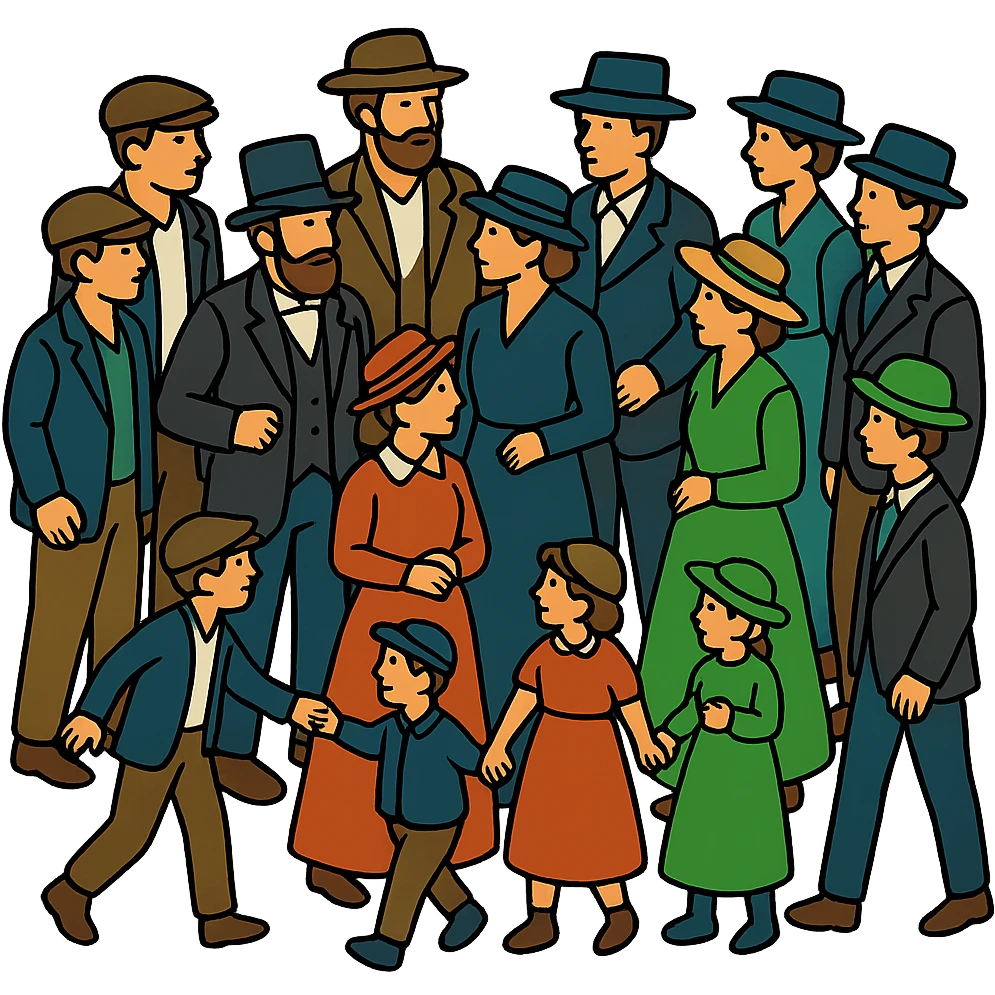 Add more people and children to the group in an isometric full body view, wearing period-appropriate 19th century clothing and hats, with dynamic poses. Keep the style consistent with lineal color icon with black outlines. Transparent background, no text. emoji