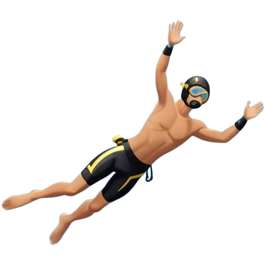 A diver mid-air, plunging from a high cliff into the sparkling ocean below. The background features rugged cliffs, clear blue water, and a bright sky, emphasizing the excitement and danger of the sport with a sense of freedom and adventure. emoji