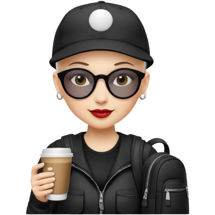["A happy woman with light skin, bald, wearing a baseball cap and sunglasses, dressed in goth fashion, is drinking coffee while holding a backpack."] emoji