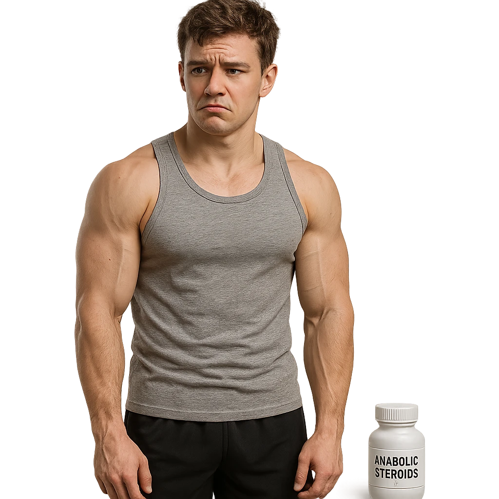 young inexperienced bodybuilder with developed but not extreme muscles, rigid posture, doubtful look, sportswear, bottle of anabolic steroids nearby, realistic details, isolated on white background emoji