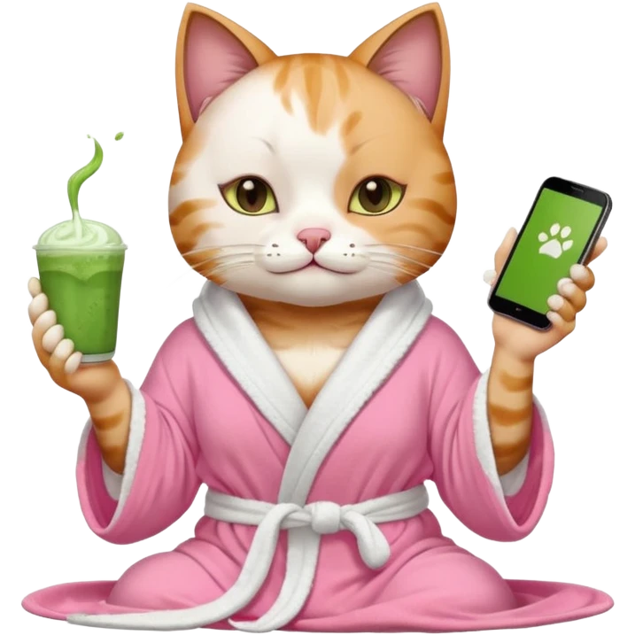 I want a CAT whit a iced macha on her paw and i want her to ne wearing a pink bath rope And she will have a  white face mask on her face and phone on the opisite paw whit the macha emoji