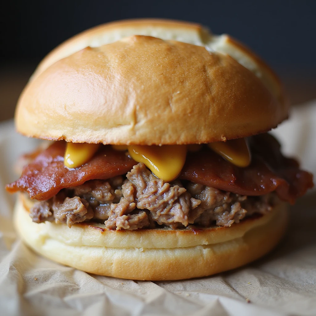 Bavarian Leberkäse sandwich: thick, juicy slice of meatloaf in a round, crusty white bread roll (Kaisersemmel), bun is crisp outside, soft inside, with a hint of flour dusting. Mustard visible on the meat. Photorealistic style. emoji