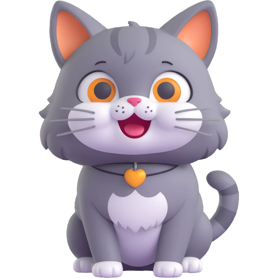 3D cartoon style cat character, grey pepper color, playful expression emoji