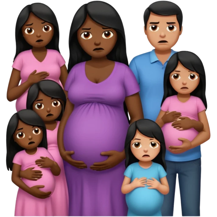 pregnant woman with long black hair crying, angry man next to her, five little girls around emoji