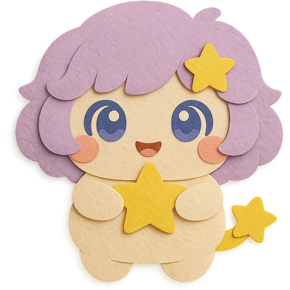 Adjust the image to show the full yellow star clearly in Stella Puff's hands, making sure the entire star is visible from the front. Keep all other elements, design, and color features exactly the same: no moon in the hair, yellow star in the hair, same hairstyle, same soft and adorable open-mouth smile, full body, paper craft style, clean lines, and transparent background. emoji